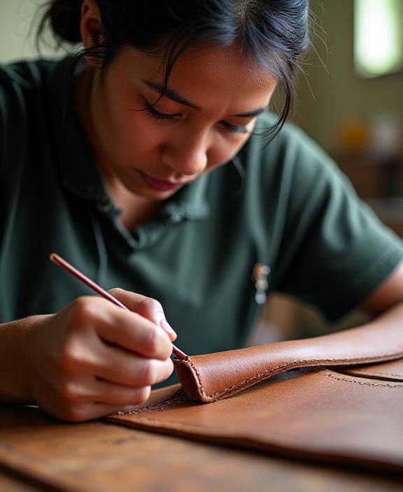 A skilled artisan from Cardamom Comfort carefully stitching a piece of leather in the workshop.