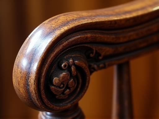 Close-up of a hand-carved detail on a restored antique wooden chair.