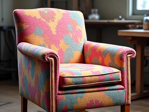 A colourful armchair being professionally reupholstered.