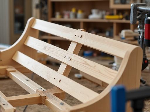 The internal wooden frame of a sofa being repaired and reinforced.